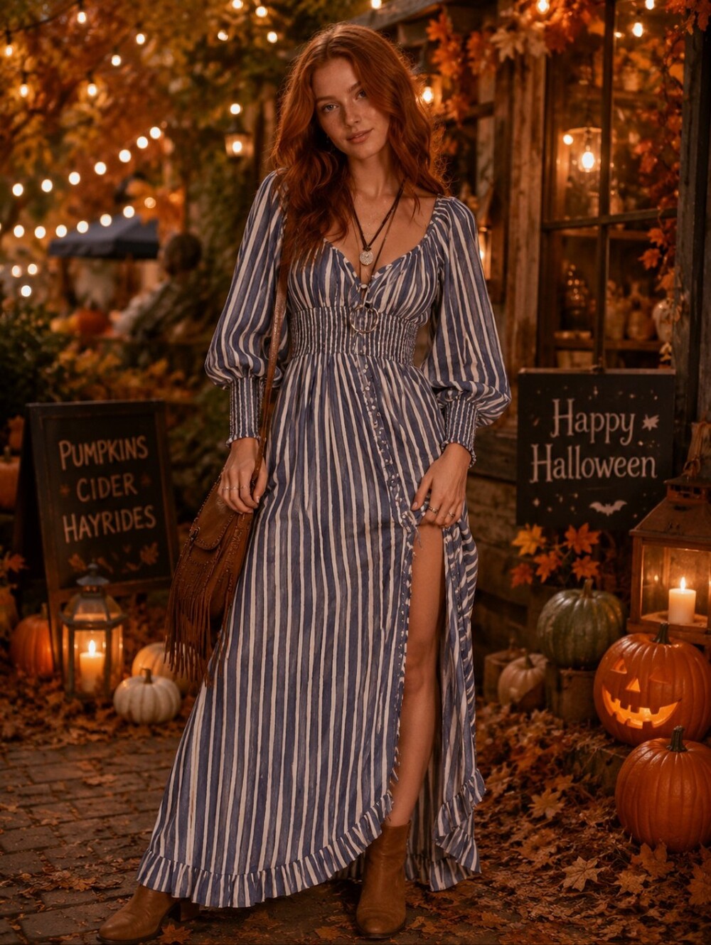 Anthropologie Blue and White Striped Maxi Dress Smocked Fall Halloween Pira XS 2